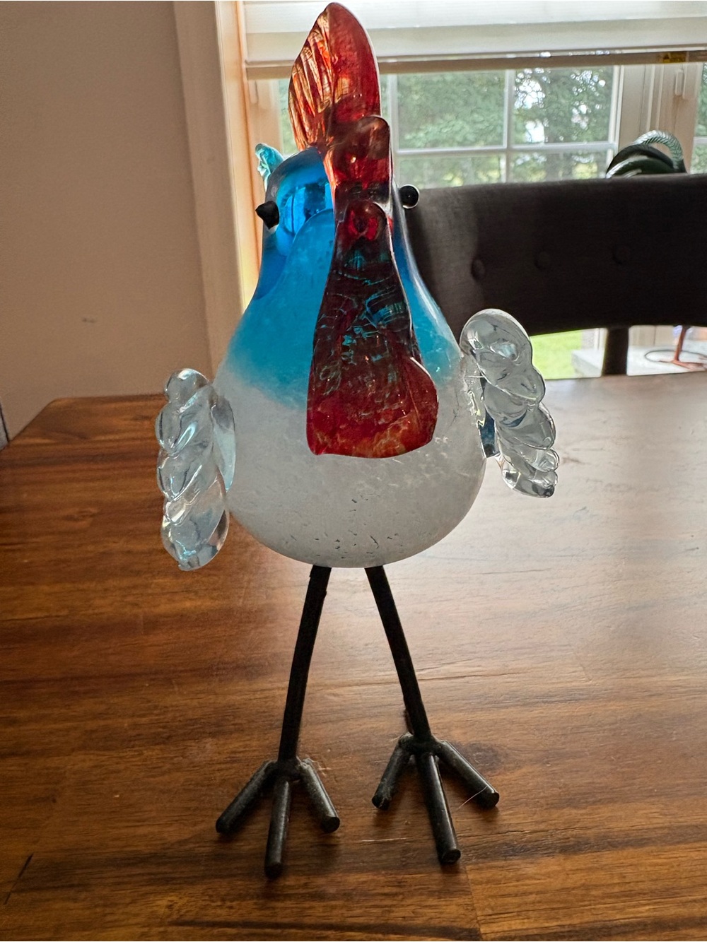 Handblown Blue and Red Glass Rooster Sculpture - Decorative Art